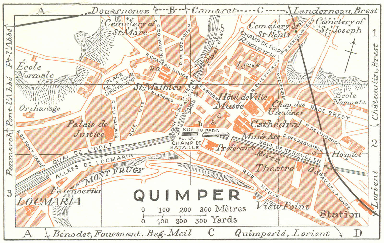 BRITTANY. Bretagne. Quimper 1928 old vintage map plan chart